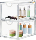2 Pack Stackable Cosmetic Organizer Drawers, Clear Acrylic Makeup Storage Organizer Box, Plastic Storage Bins Vanity Container for Bathroom Countertop, Bedroom Dresser, Kitchen Cabinets