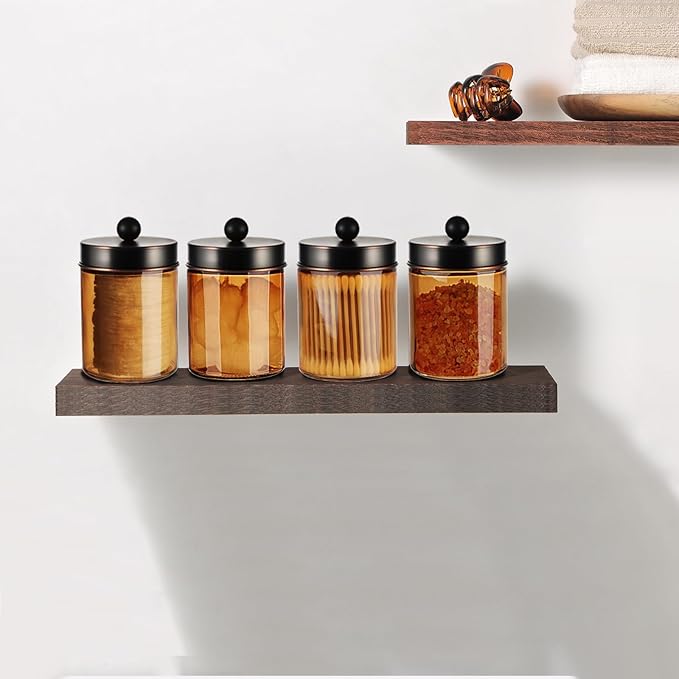Amolliar Amber Bronze Glass Apothecary Jar With Metal Lid & Labels, Bathroom Qtip Holder Dispenser Storage Canister, Perfect for Cotton Balls, Cotton Swabs, Makeup Pads, Bath Salt, Floss, 4 Pack (ORB)