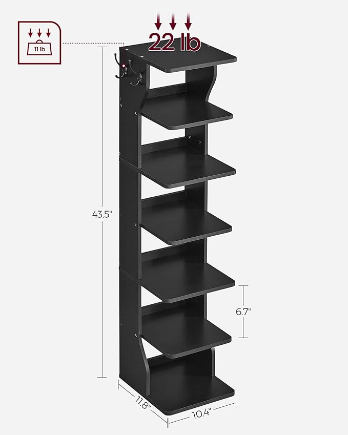 VASAGLE 7-Tier Vertical Shoe Rack, Narrow Shoe Storage Organizer with Hooks, Slim Corner Tower Shelf, Space-Saving for Entryway and Bedroom, Black ULBS200T16
