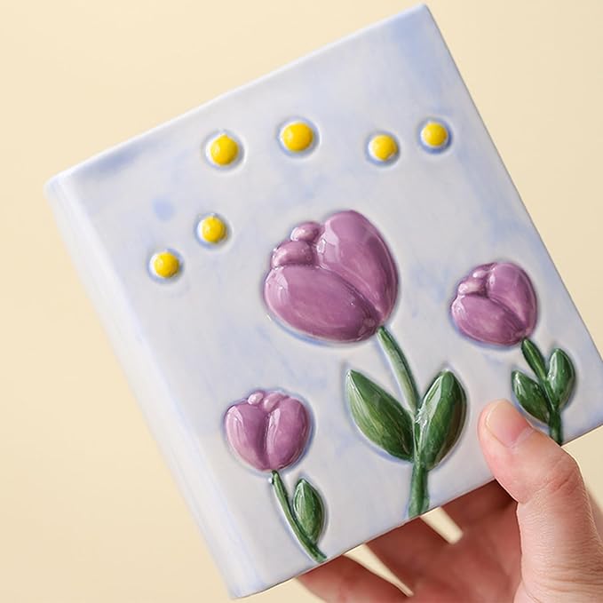 Book Vase Tulip Pencil Cup Pen Holder For Office Desk Decorative Books Purple Flower Vase Cute Toothbrush Holders Home Decor Teacher Book Gifts for Women Small Makeup Brushes Holder
