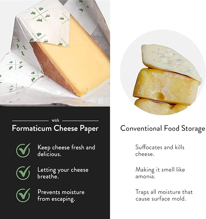 Formaticum 45-Pack Zero Cheese Storage Paper, Compostable, Biodegradable, and Plastic-Free Paper to Keep Cheese and Charcuterie Fresh, Kitchen Organization 9 x 13 Inches