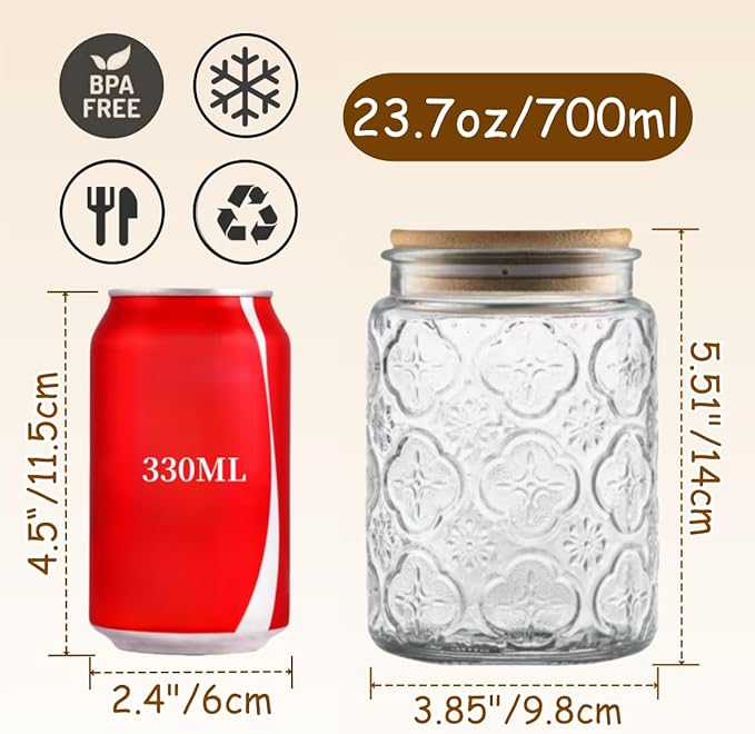 Vintage Glass Jar, Decorative Glass Jar with Bamboo Lid, Candy Jar Cookie Jar for Kitchen Counter, Pantry, 23.7 FL OZ Glass Storage Jar Holds Coffee, Tea, Sugar, Balth Salts