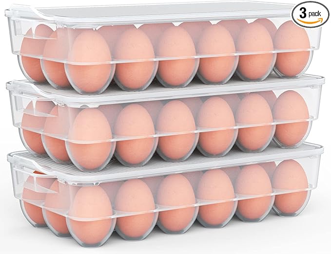 Clear Covered Egg Holder 3-Pack, Plastic Egg Storage for Refrigerator, Egg Tray Container with Lid, Fits 18 Eggs