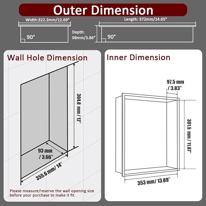 JQK Shower Niche No Tile Need, 12"×14" Matte White Bathroom Insert Shelf, 304 Stainless Steel Recessed Shower Caddy Organizer Storage, SNL1214-WH
