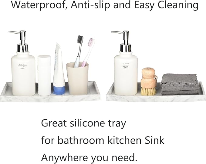 DNC Silicone Bathroom Tray for Counter, 2PC (7.9" +11.8") Vanity Tray for Countertop, Kitchen Sink Soap Tray for Dish Holder Dispenser Toilet Tank Desk Organizer