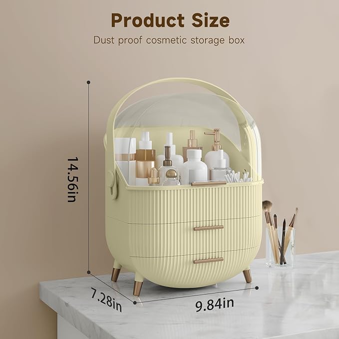 Makeup Organizers, Make Up Organizer for Vanity, Countertop Cosmetic Storage with Drawers and Transparent Cover for Bedroom Bathroom, Maize-yellow