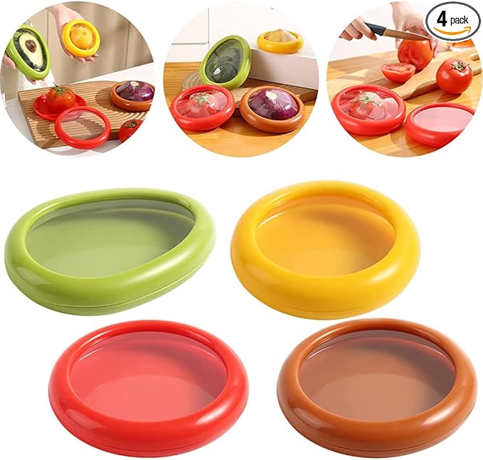4PCS Fruit and Vegetable Storage Containers For Refrigerator Reusable Food Containers Airtight Veggie Crisper Sealed Box Saver Fresh Keeper for Cut Lemon, Sliced Onion, Half Avocado Tomato Garlic