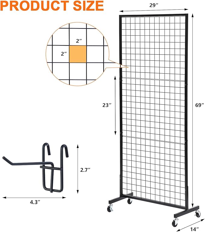 Eastern Tree 1 Pack 2.5'x 6' Three Pieces Grid Wall Panels Stand with T-Base, Black Wire Grid Wall Rack with Wheels, Craft Display Rack, Retail Display, Art Display, Extra More 10 Pieces Hooks