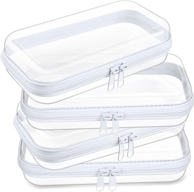 Hoolerry 4 Pcs Hard Clear Zipper Case Makeup Bags Plastic Pencil Pouch Transparent Storage Box Containers for Cosmetics, Snacks, Building Blocks, Puzzles(White,7.5 x 3.9 x 2 in)