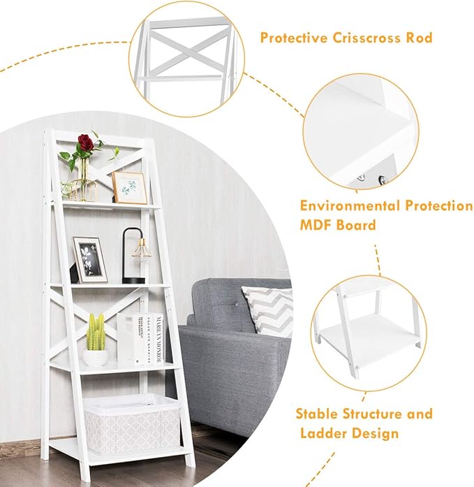 Tangkula 4-Tier Ladder Shelf Bookcase Leaning Free Standing Wooden Frame Decor Bookshelf Storage Flower Shelf Plant Display Shelf for Home Office (White, 2)