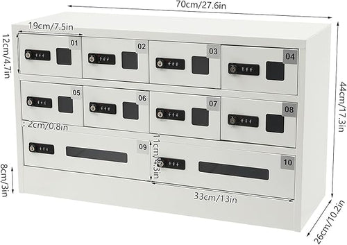 10 Slot Cellphone Charging Station Cell Phone Locker with Combination Lock, Cellphone Storage Cabinet with 3 in 1 QC3.0 Fast Charging Ports for Most Phones Tablets, for Office Classroom