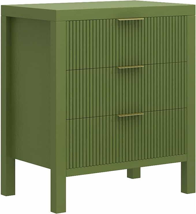 3 Drawer Dresser, Modern Wood Storage Chest of Drawers Organizer with Waveform Panel, Fluted Dresser with Wide Drawers and Golden Handles for Bedroom, Hallway, Entryway, Green