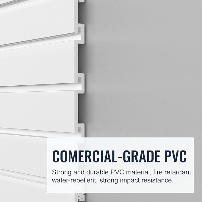 Slatwall Panel Garage Organizer PVC Slatwall Heavy Duty Wall Mounted Rack, Interlocking Slat Wall Panels for Tool Organization Peg Board(White 4 x 2 ft)