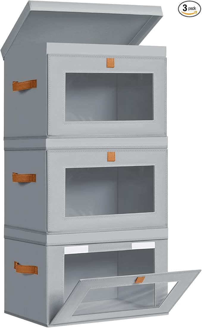 DIMJ Storage Bins with Lids - 3 Pack Large Fabric Closet Organizer with Window & Handles, Collapsible Decorative Storage Boxes for Shelves Under Bed, Books Clothes Blankets Sweaters Organization