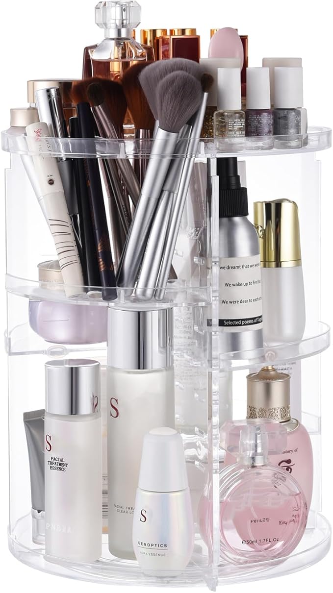 360 Rotating Makeup Organizer,DIY Adjustable Spinning Holder,Foldable Cosmetic Storage Display box,Large Capacity Make up Caddy Shelf,Fits Countertop Vanity and Bathroom (CLEAR)