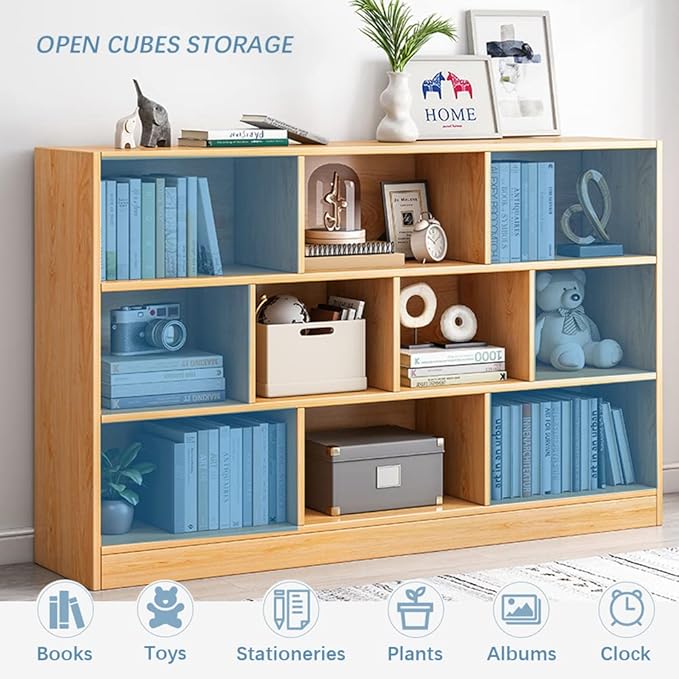 IOTXY Open Shelf Low Bookcase - Wooden 3-Tier Floor Standing Display Cabinet Organizer with Base, 10 Cubes Short Horizontal Bookshelf in Warm White