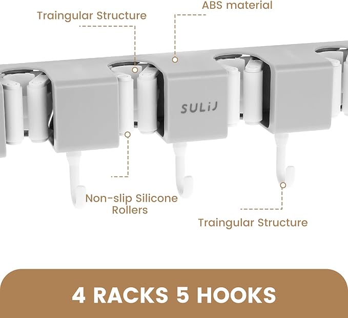 3PCS Broom Holder Wall Mount, No-Drilling Self-Adhesive Mop and Broom Storage Rack (4 Racks with 5 Hooks),Wall-Mounted Broom Hanger for Bathroom, Kitchen, Closet, Garage, Grey