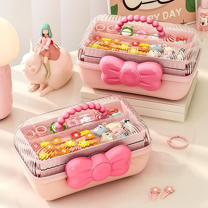Girls Hair Accessories Storage Box Bow Switch Organizer Box Jewelry Box, Plastic Hair Ties Holder Hair Clips Container Headbands Organizer Gift for Baby Girls Multipurpose Organizer and Portable