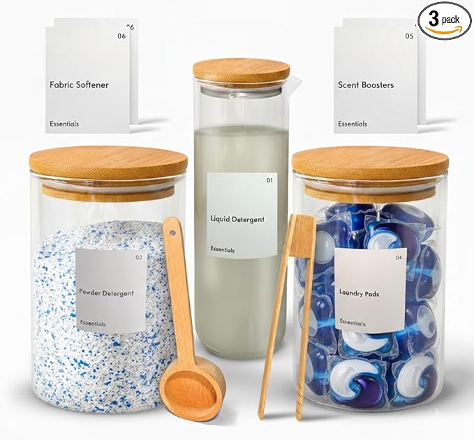 IVIZA Glass Laundry Detergent Dispenser & Storage Set – Liquid Detergent Pump, Fabric Softener Dispenser, Laundry Powder Jar & Dryer Sheet Holder – Complete Laundry Organization Set