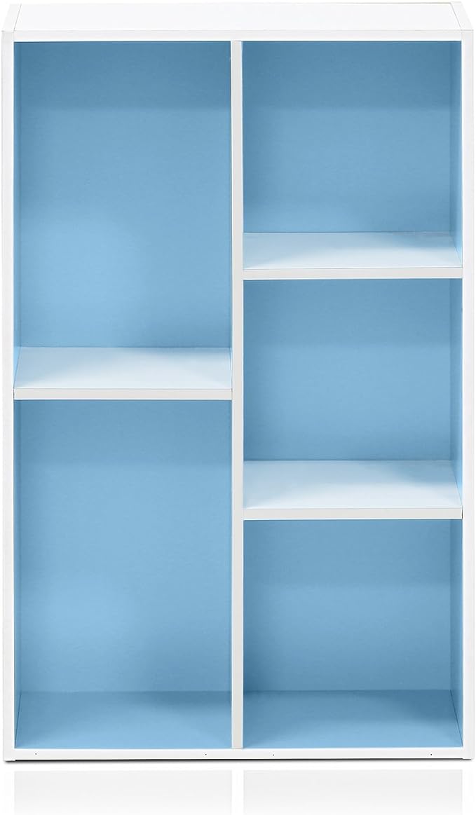 Furinno LUDER Book Shelf, 5-Cube Bookshelf, Reversible Bookcase, 9.4 x 19.5 x 31.5, for Living Room, Bedroom, Home Office, White/Light Blue