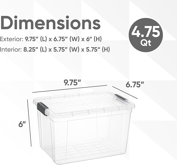 Superio Clear Storage Boxes with Lids, 4.75 Quart Plastic Container Bins for Organizing, Stackable Crates, BPA Free, Non Toxic, Odor Free, Organizers for Home, Office and Dorm, 6 Pack
