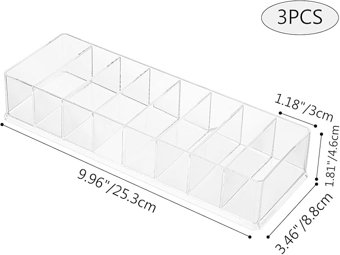 Acrylic Makeup Brush Organizers,3 Pack 8 Section 8 Compartments Transparent Plastic Lipstick Holder Clear 9.96x3.46x1.81 Inches Storage Square Cube for Bathroom Jewelry Accessories