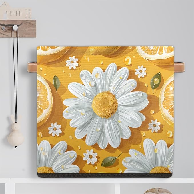 TropicalLife 13x13x13 Inch Large Fabric Storage Cube Lemon Daisy Foldable Storage Bin with Handles Organizer Boxes Cube Basket for Shelves Organizing Closet