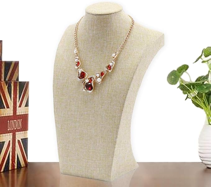 Beige Linen Necklace Display Bust - 15.7" Jewelry Holder for Necklaces, Bracelets, Figure Display Stand (40x23cm)
