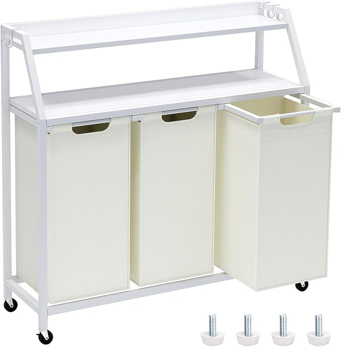 Laundry Hamper, Laundry Sorter 3 Section, Rolling Laundry Basket with Wheels, 2 Shelves, 3 × 14.5 Gal, Pull-Out and Removable Oxford Fabric Bags, for Laundry Room, White and Beige