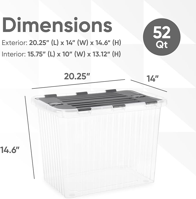 Superio Storage Bins with Lids- Clear Boxes for Organizing, Stackable Plastic Containers- BPA Free, Non-Toxic, Odor Free, Organizer for Home, Office, Dorm, 53 Quart (6 Pack, 20.25"x14"x14.6")