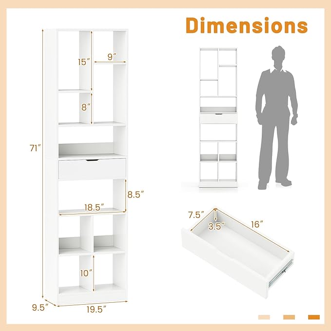 Tangkula 71” Tall Bookcase with Drawer, Modern Bookshelf with 10 Open Cubes, Floor Standing Display Rack Storage Cabinet with Anti-Tipping Kits for Living Room, Study, Office (2, White)