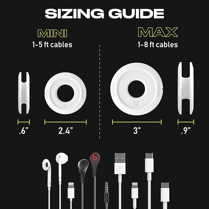 Side Winder Mini and Max Headphone, Earbud and Charging Cable Winder and Organizer Perfect for Wrapping Earbuds and Cords for Travel and Organization 4-Pack (Black, Mini)