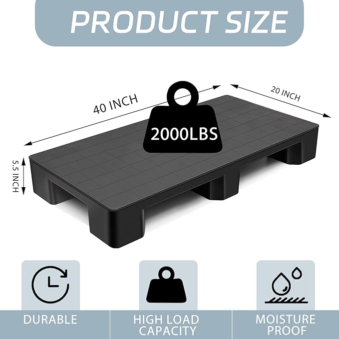 4 Pcs Plastic Pallet for Basement Storage Easy Stack Lightweight Floor Pallet Display Flooring Room Supermarket Christmas, Support up to 2000 Lbs (40'' L X 20'' W X 5.5'' H,Black)