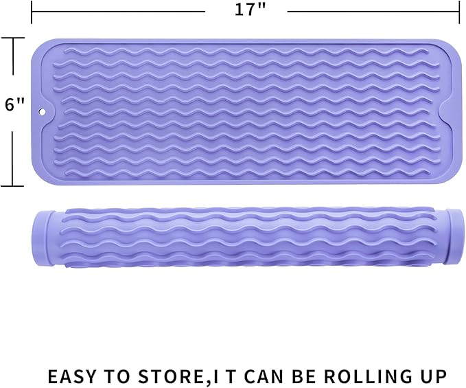 Silicone Dish Drying Mat for Multiple Usage,Easy clean,Eco-friendly,Heat-resistant Silicone Mat for Kitchen Counter,Sink,Bar,Bottle,or Cup Light Purple M 17 inches x 6 inches