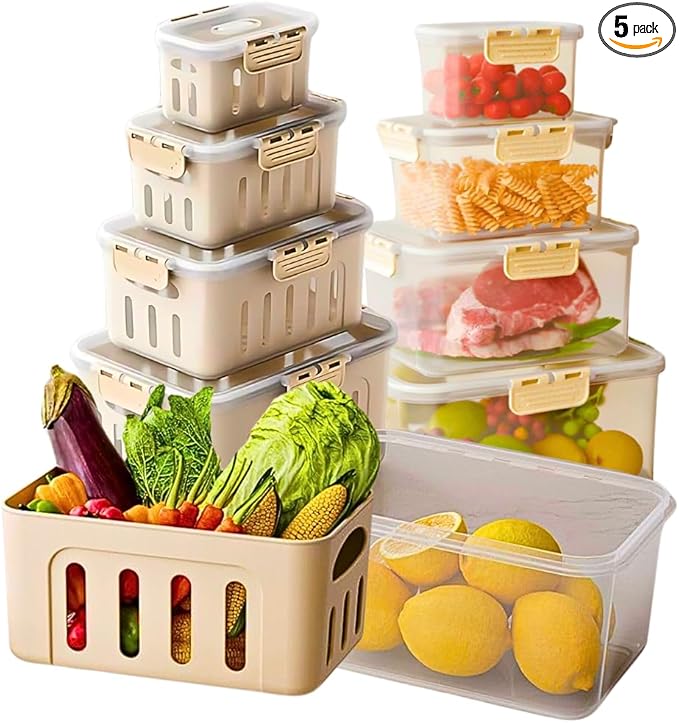 5-Pack Fruit Containers for Fridge Keep Fresh – Airtight Food Containers with Lids, Produce Saver with Removable Colander, Fridge Organizers, Microwave & Dishwasher Safe (Cream)