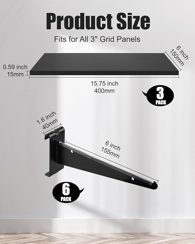 3 Pcs Gridwall Shelf with Metal Brackets, 16"x 6" Wooden Gridwall Shelves Heavy Duty Gridwall Shelving Organizer Accessories for Garage, Visualizer, Workbench and Bitchenette
