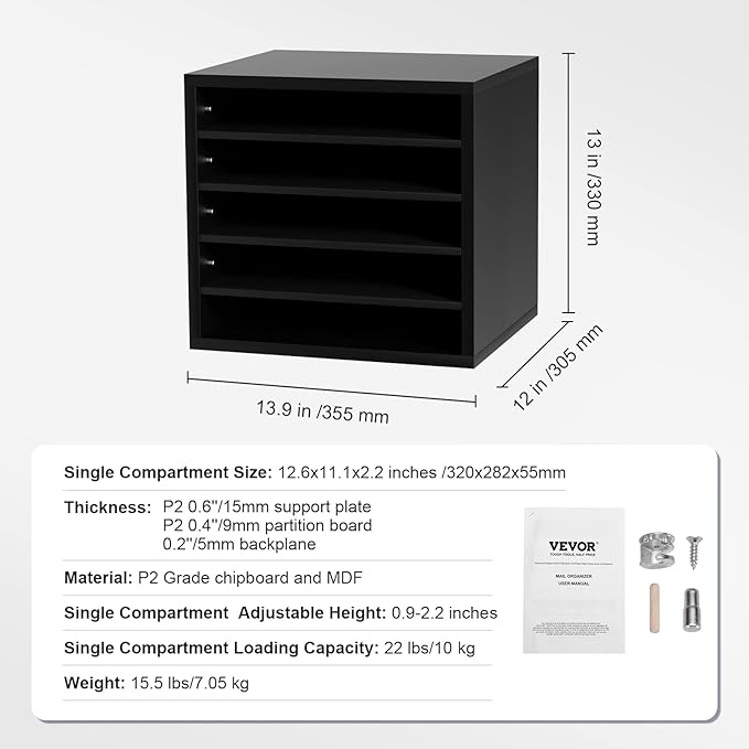 VEVOR Literature Organizers, 5 Compartments Office Mailbox with Adjustable Shelves, Wood Literature Sorter 13.9x12x13 inches for Office, Home, Classroom, Mailrooms Organization, EPA Certified, Black