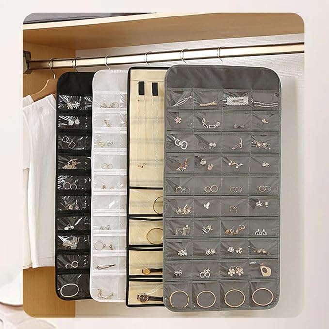 Hanging Jewelry Organizer Storage Earring Jewelry Storage Bag With 48 Pockets Necklace Bracelet Ring Glasses Accessory Display Rack (White)