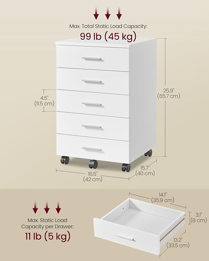 VASAGLE File Cabinet, Mobile Pedestal Filing Cabinet with Wheels, Printer Stand with 5 Drawers, Tool-Free Sliding Rails, for Study, Home Office, Cloud White UOFC081W01