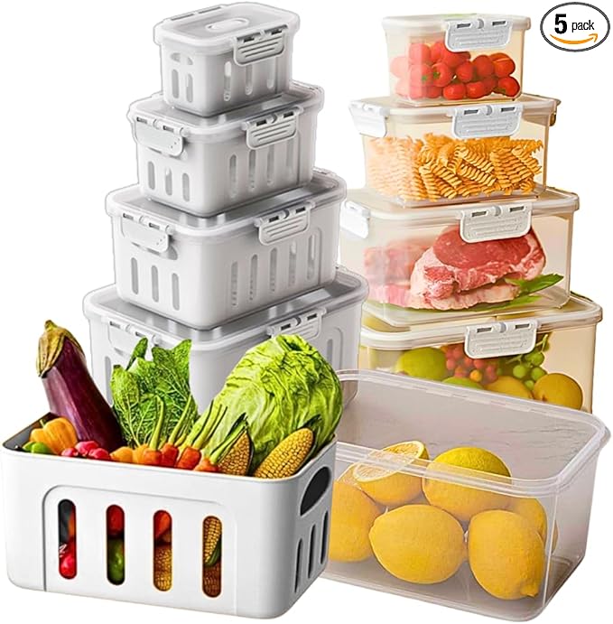 5-Pack Fruit Containers for Fridge Keep Fresh – Airtight Food Containers with Lids, Produce Saver with Removable Colander, Fridge Organizers, Microwave & Dishwasher Safe (White)