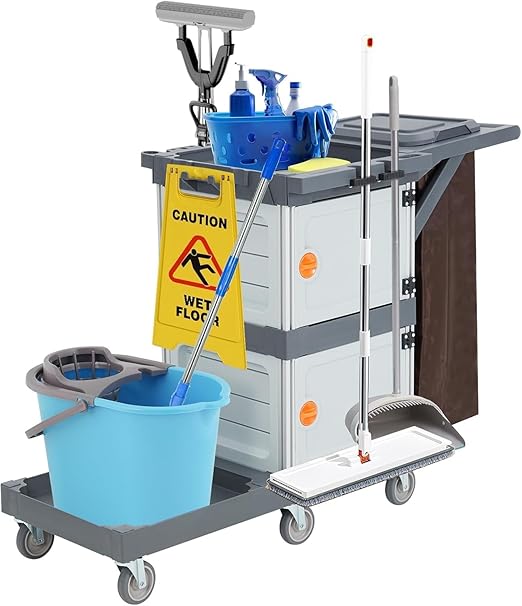 Janitorial Cart with 2 Cabinet, Commercial Traditional Janitorial 3-Shelf Cleaning Cart On Wheels with Cover and Vinyl Bag, Hotel Housekeeping Room Service Utility Cart, Grey
