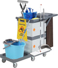 Janitorial Cart with 2 Cabinet, Commercial Traditional Janitorial 3-Shelf Cleaning Cart On Wheels with Cover and Vinyl Bag, Hotel Housekeeping Room Service Utility Cart, Grey