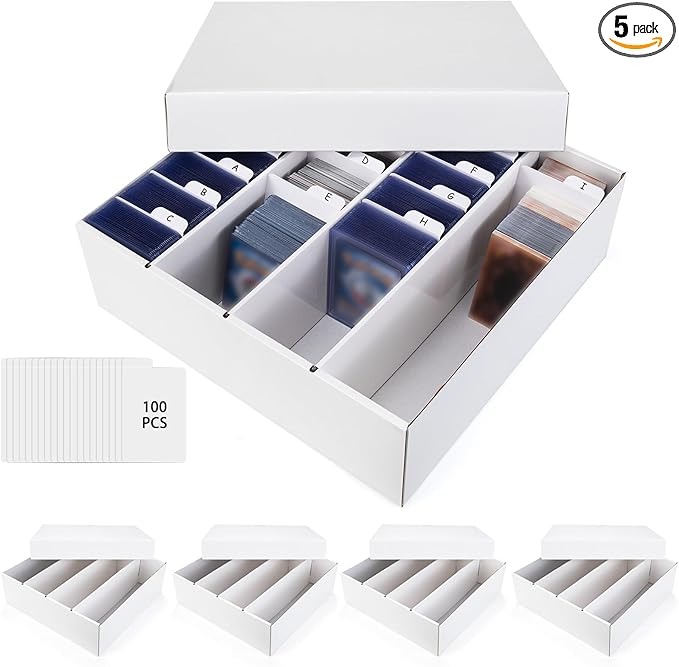 Trading Card Storage Box, 4 Row 3200 Count Collector Cards Box with Divider, White Corrugated Cardboard Compatible with Top Loader Organizer Sorting Tray Box for Sports Cards, MTG, TCG Cards (5-Pack)