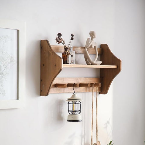 100% Solid Wood Wall Hooks with Shelf, Rustic Coat Rack with Shelf Wall-Mounted, Farmhouse Decor Shelves with 4 Hooks for Clothes Hats Towel Purse Robes, Bathroom Mudroom Bedroom, Entryway