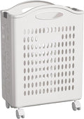 Rolling Laundry Hamper with Wheels - 14W×7.5D×21H Ventilated Plastic Laundry Basket, White Storage Bin with Handles for Small Spaces, Bedroom & Bathroom