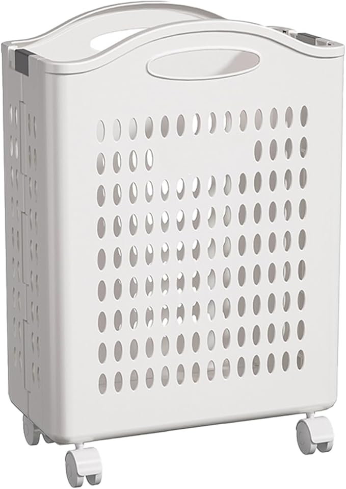 Rolling Laundry Hamper with Wheels - 14W×7.5D×21H Ventilated Plastic Laundry Basket, White Storage Bin with Handles for Small Spaces, Bedroom & Bathroom