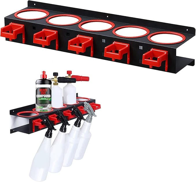Spray Bottle Storage Rack,Wall-mounted Garage Bottle Organizer with 5 Plastic Hanging Hooks Cleaning Detailing Tools Hanger,Abrasive Material Hanging Rail Car Beauty Shop Accessory