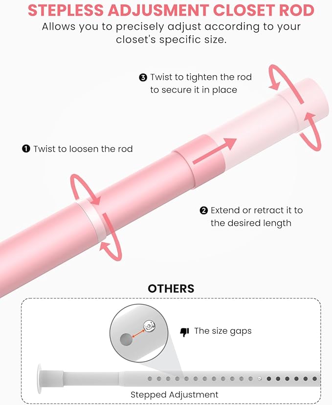 Closet Rods for Hanging Clothes, 17 to 69 Inches Stepless Adjustable Metal Closet Rod, 1.3 Inches Heavy Duty Clothes Hanging Rod for Closet Wardrobes Laundry RV, Pink