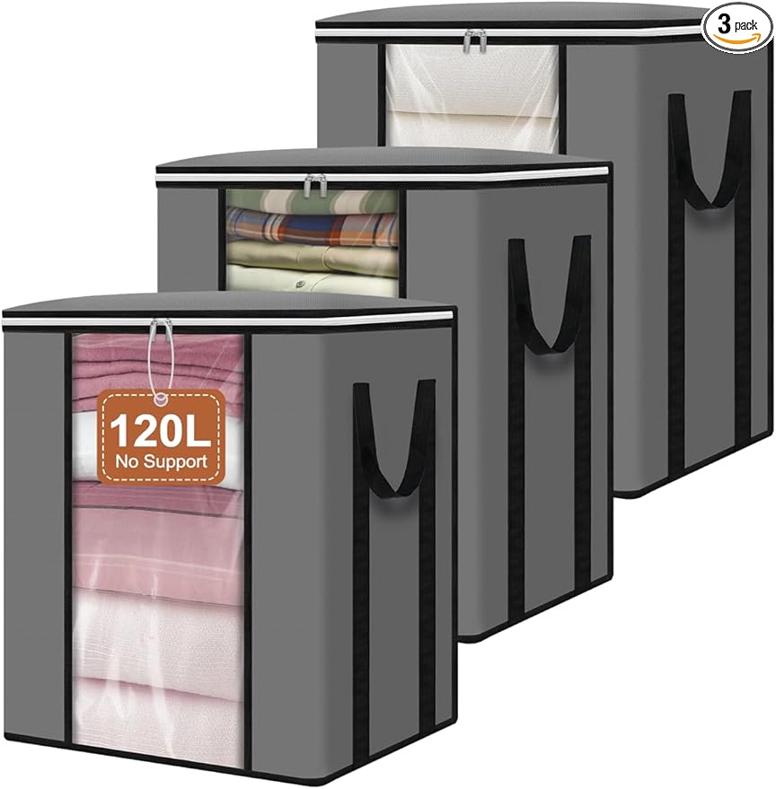 punemi 120L Blanket Storage Bags, Foldable Clothes Storage Organizer with Zipper, Reinforced Handle & Clear windows, Large Storage Bags for Blanket, Comforter, Bedding, Pillow, Clothes, 3Pack, Gray