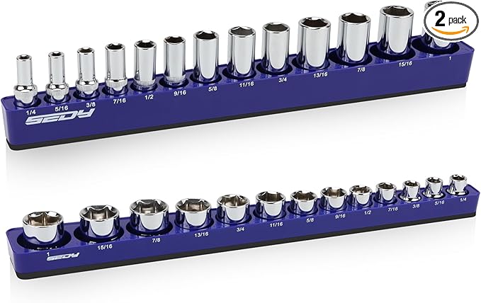 2-Piece 3/8"-Drive SAE Magnetic Socket Organizer Set (Holds 26 Sockets) - Detachable Tool Tray with 5mm Magnetic Base, Screw-Fixed Design & Heavy-Duty Modular Storage for Garage/Home Workshop